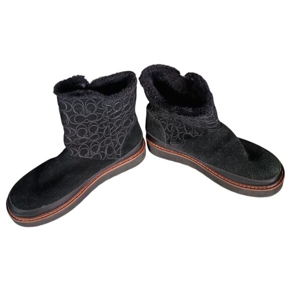 Coach Boots 7 Womens Black Signature Isa Suede Snow Flat Round Toe Low Comfort - Picture 5 of 12